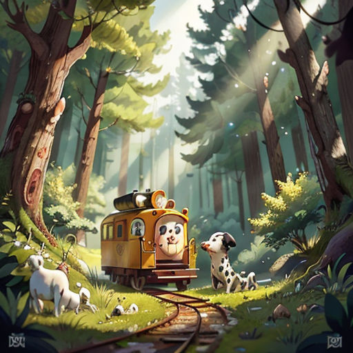 a train traveling through a forest filled with animals and trees with a dog on the front of the train