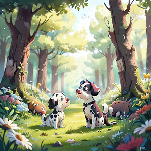 a couple of dogs sitting in the middle of a forest next to trees and flowers on a sunny day