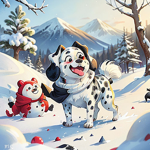 a dog and a cat are in the snow together, with a mountain in the background and snow covered trees
