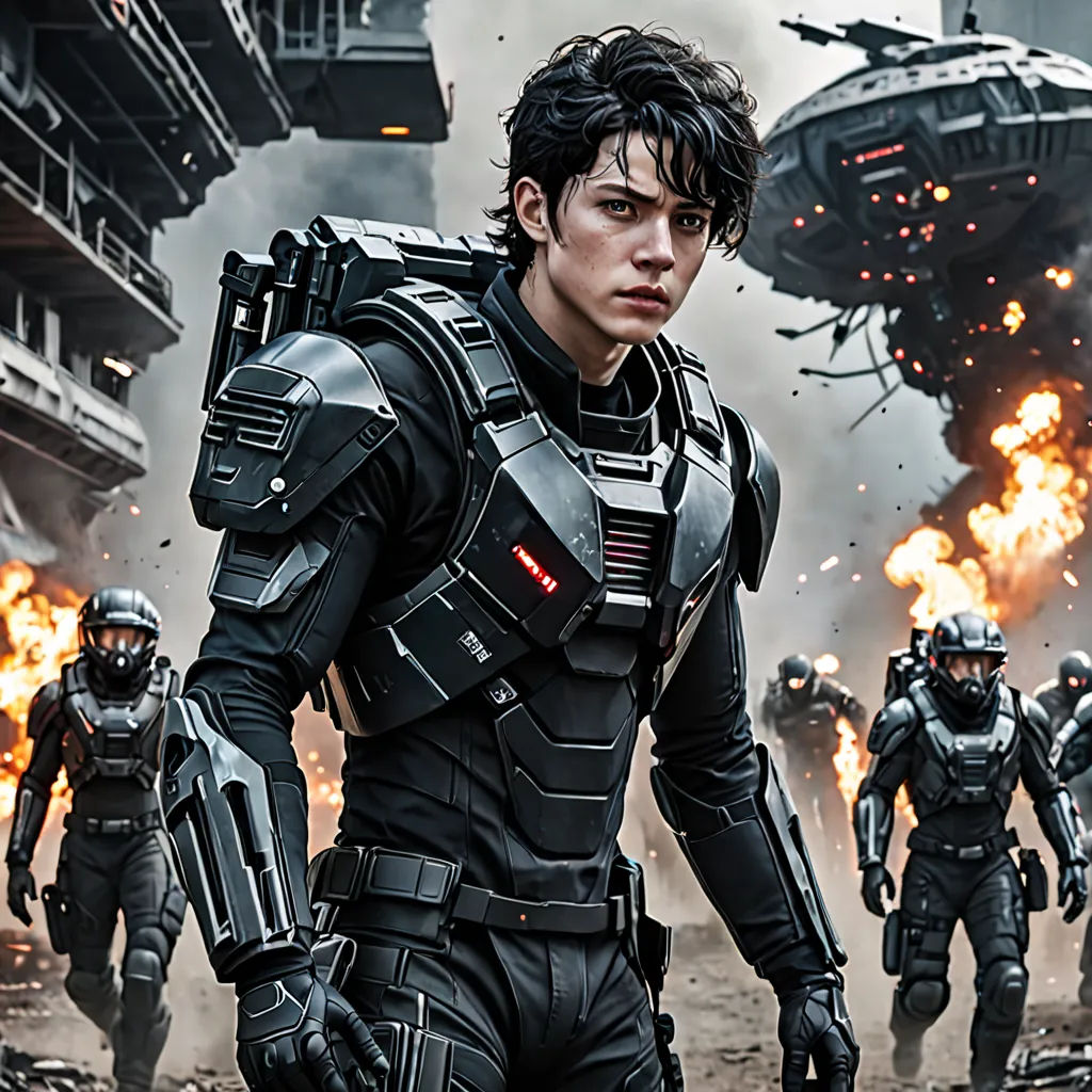 a man in a futuristic suit standing in front of a group of soldiers in front of a large ship, antipodeans, poster art, David Park, key art