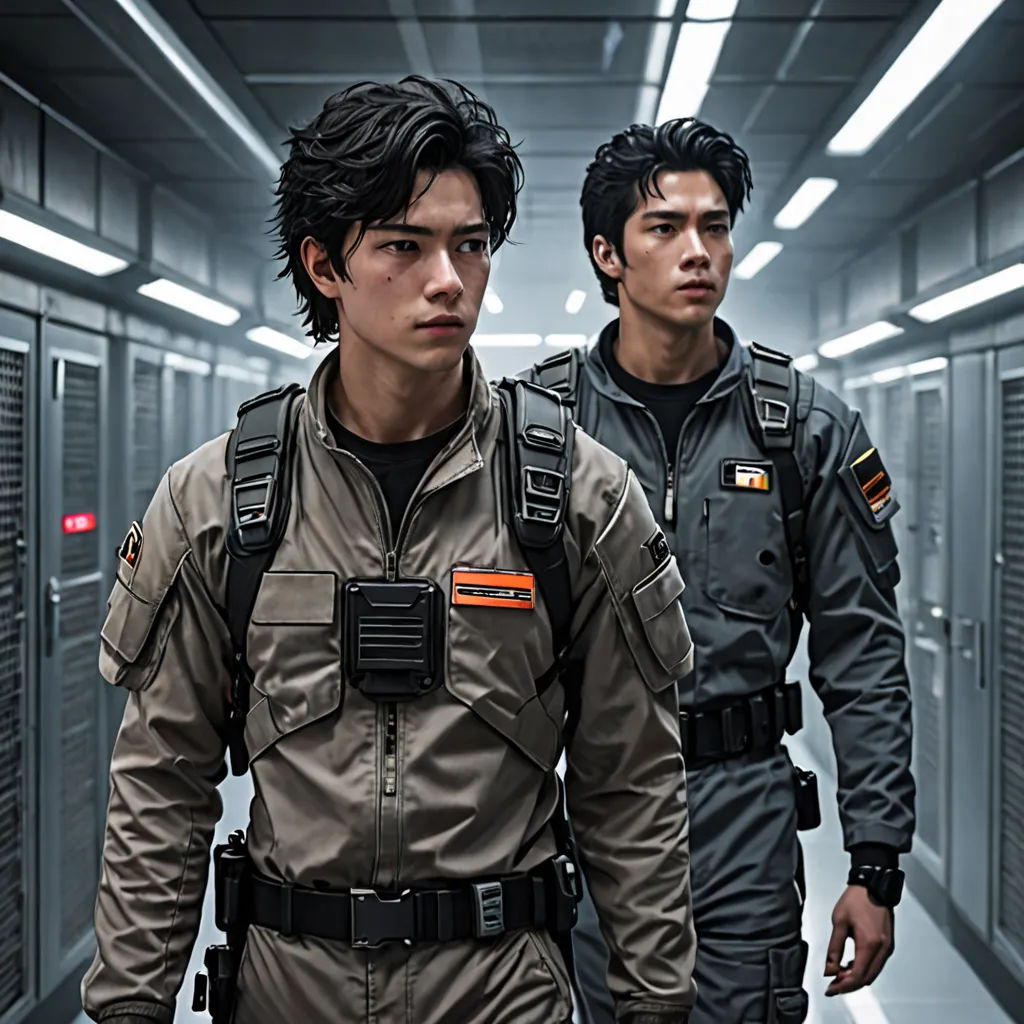two men in uniform walking in a hallway with lockers in the background and a hallway with several doors, neo-figurative, poster art, David Park, promotional image