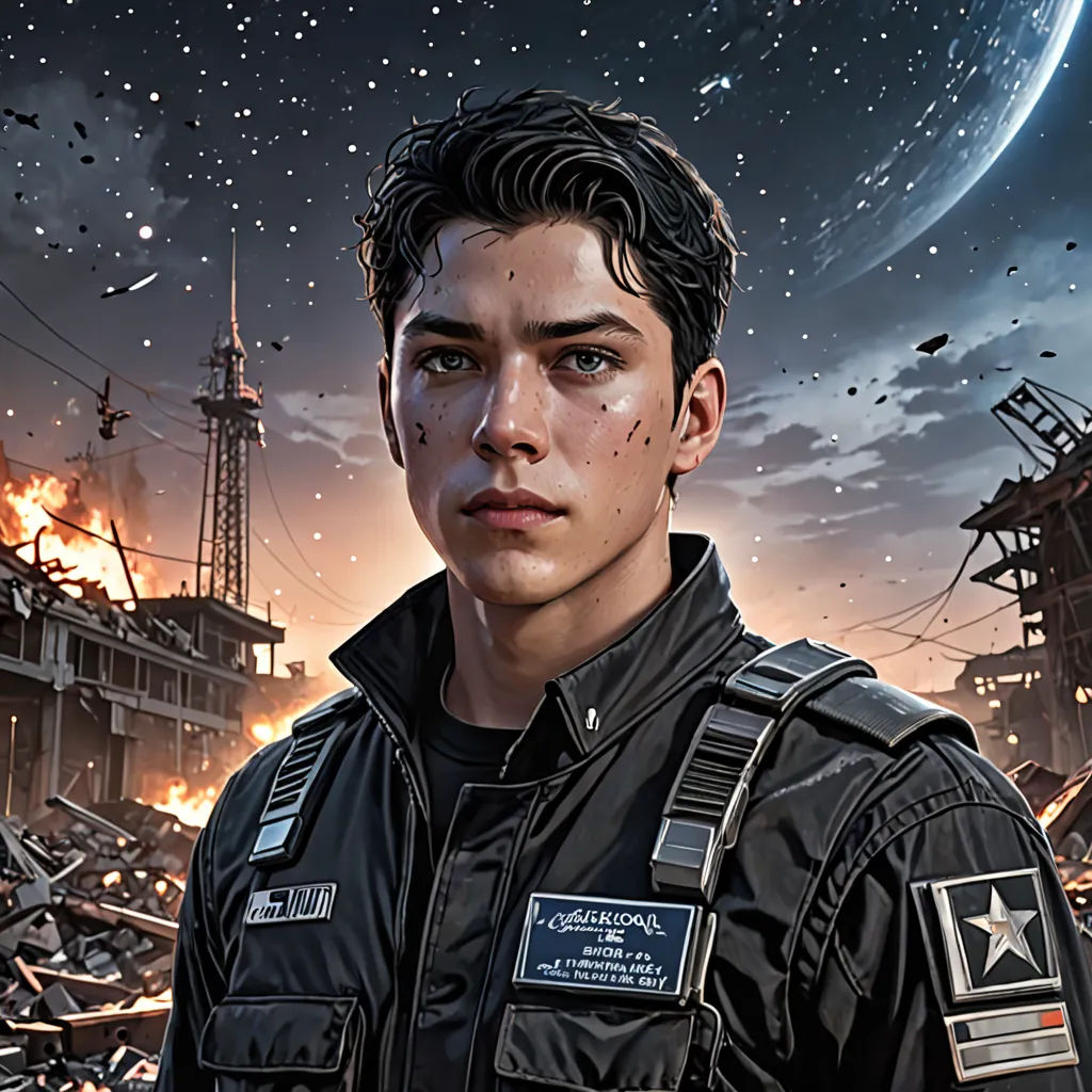 a man in a black jacket standing in front of a space station with a rocket in the background and a star in the sky, sots art, a character portrait, Cedric Seaut (Keos Masons), key art
