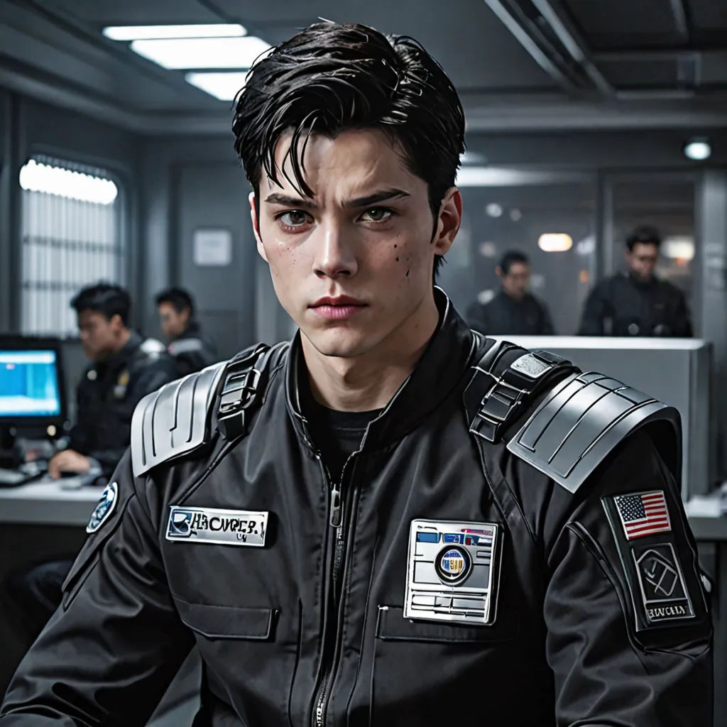 a man in a black jacket sitting at a desk in an office setting with other people in the background, tachisme, a character portrait, David Park, promotional image