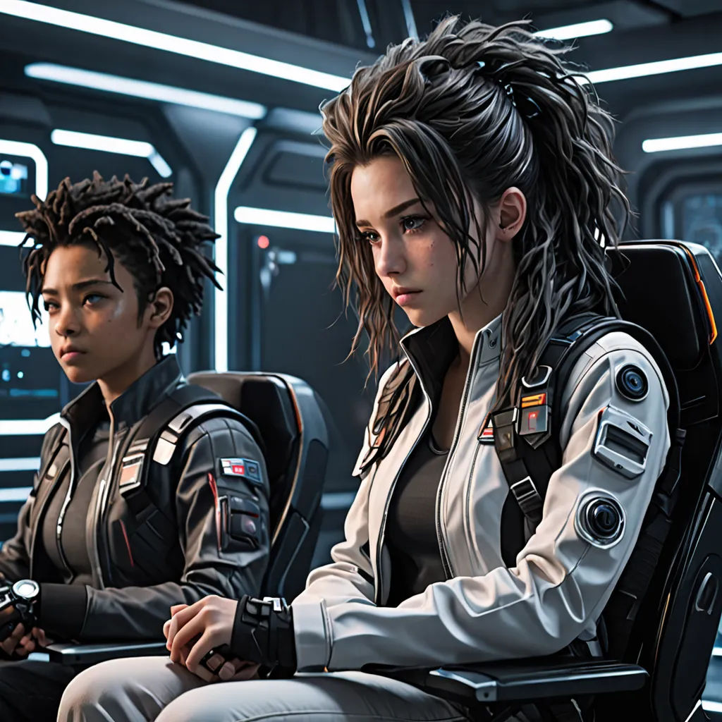 two women sit in chairs in a sci - fi setting, one of them is wearing a helmet and the other is wearing a space suit, sots art, concept art, Artgerm, key art