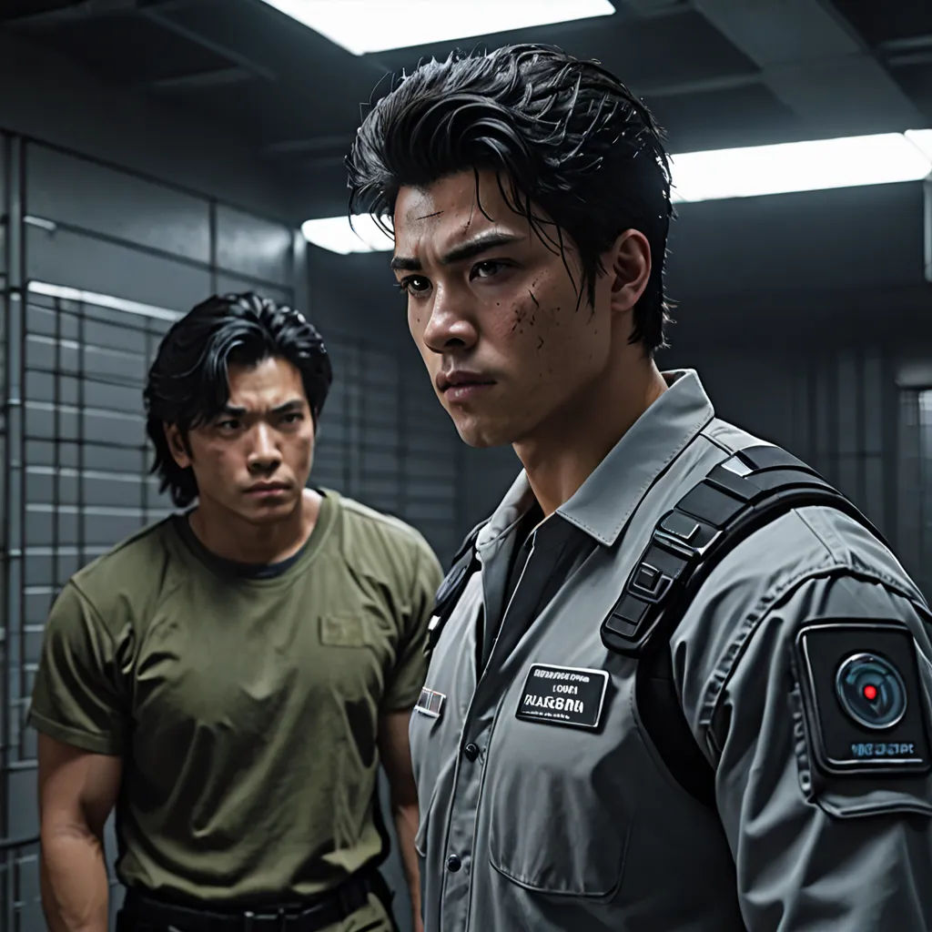 two men in a room with a mirror and a light on the ceiling and a wall behind them, one of them is wearing a uniform, neo-figurative, a poster, David Park, promotional image