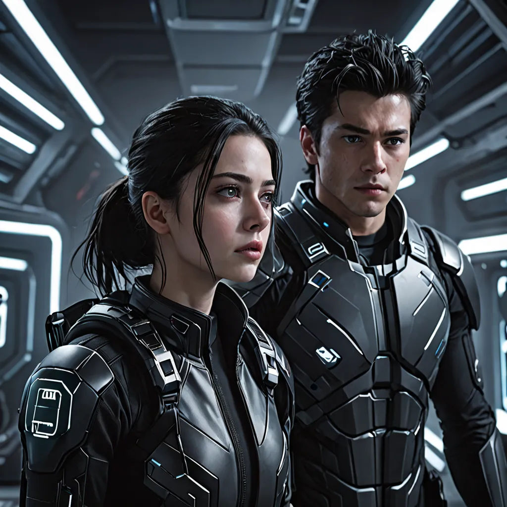 a man and a woman in futuristic suits standing in a space station looking at the camera with a sci - fi fi look on their face, neo-figurative, computer graphics, Eve Ryder, promotional image