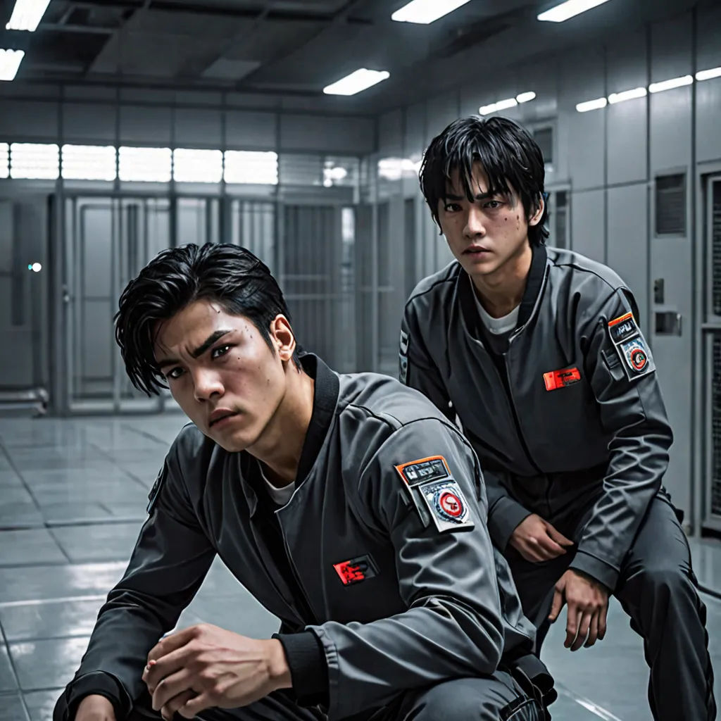 two men in black and grey uniforms sitting on a bench in a room with metal lockers and a tiled floor, neo-figurative, a poster, Dai Jin, promotional image