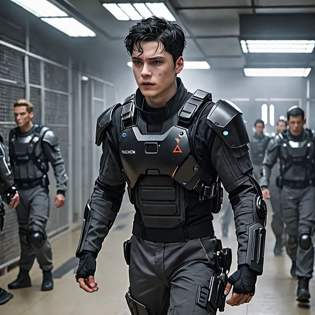 a group of men in futuristic suits walking down a hallway together in a hallway with a wall of lockers, antipodeans, a renaissance painting, Adam Rex, promotional image