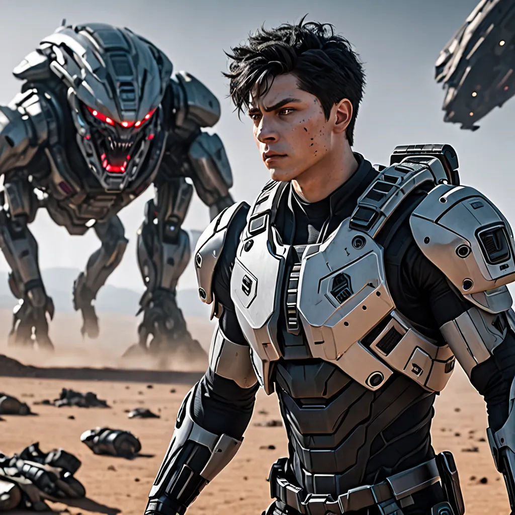 a man in a futuristic suit standing in front of a giant robot in a desert area with a red light on his face, antipodeans, computer graphics, Cedric Peyravernay, unreal engine highly rendered