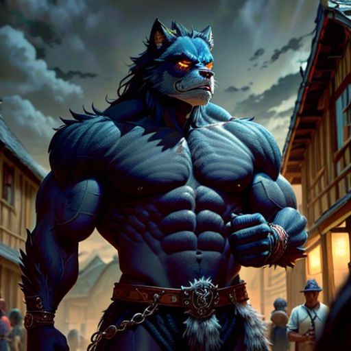 a wolf man with a chain around his waist and a wolf mask on his face, standing in a street
