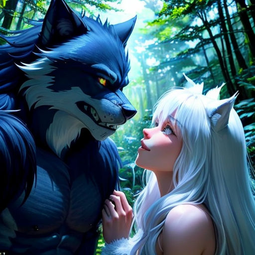a woman and a wolf are standing in the woods together, with one of them looking at the other