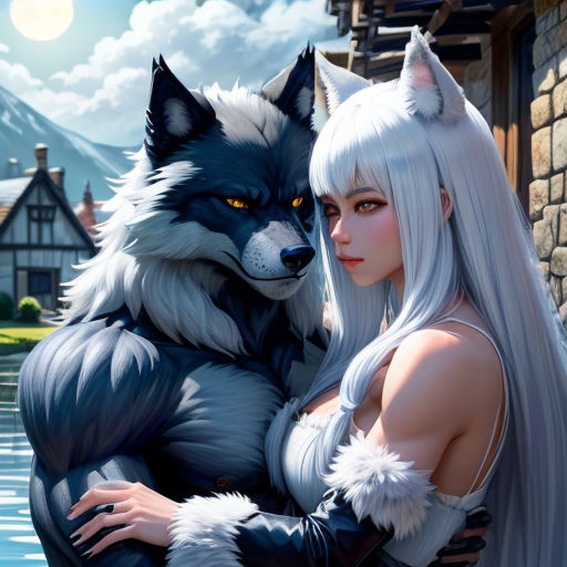 a woman with white hair and a wolf costume standing next to a lake with a house in the background