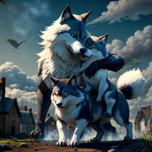 two wolfs are standing in front of a house and a bird flying overhead in the sky above them