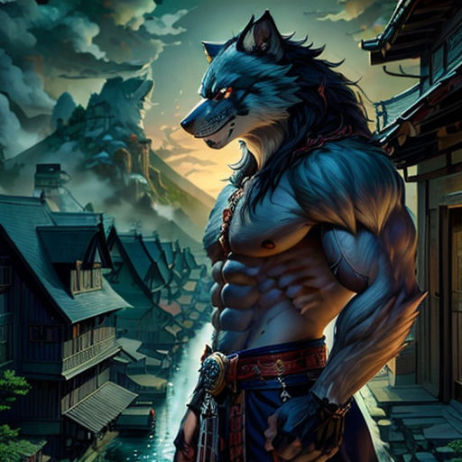a man with a wolf face and a sword in his hand, standing in front of a cityscape
