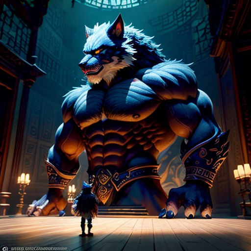 a character in a game with a wolf like body and a large head, standing in a room with a ceiling light