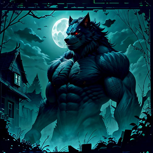 a wolf with a full moon in the background and a house in the background with bats and bats on it