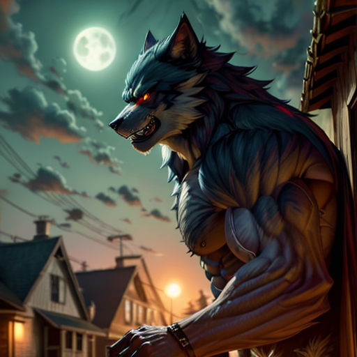 a wolf statue sitting on top of a wooden pole in front of a full moon sky and a house