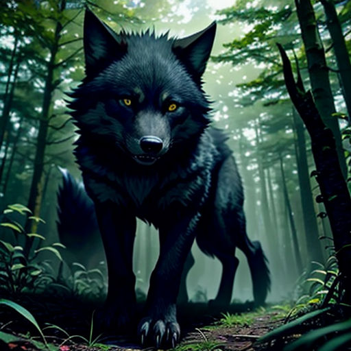a black wolf standing in the middle of a forest with yellow eyes and a black tail, with a green background