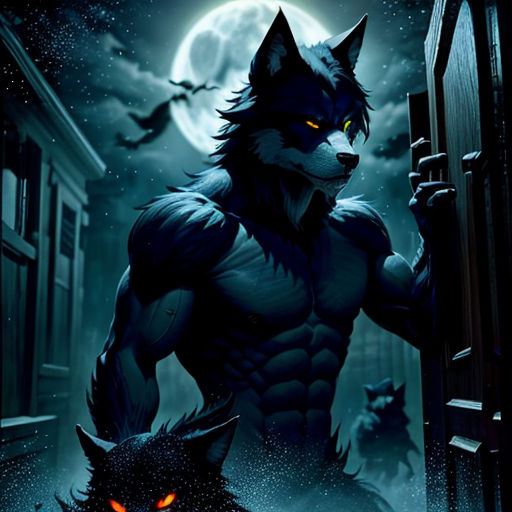 a wolf with glowing eyes is holding a door to a dark room with a wolf in it's mouth