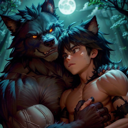 a couple of animals that are hugging each other in the woods at night with a full moon in the background