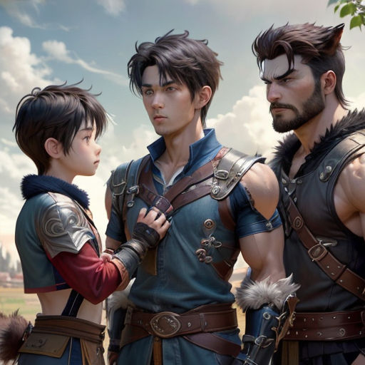 a group of people standing next to each other in front of a sky background with clouds and trees in the background