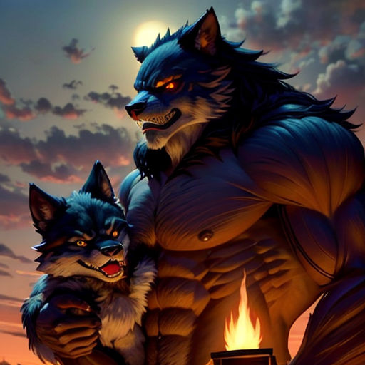 a wolf and a wolf cub standing in front of a fire place with the moon in the background and a sky with clouds