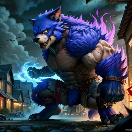 a blue wolf with a purple tail and a red eye is standing in front of a house and a street