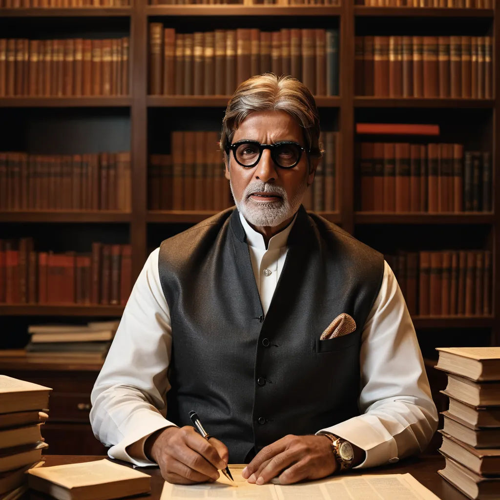 a man sitting at a desk with a stack of books in front of him and a bookcase behind him, private press, a photocopy, Bapu, promotional image