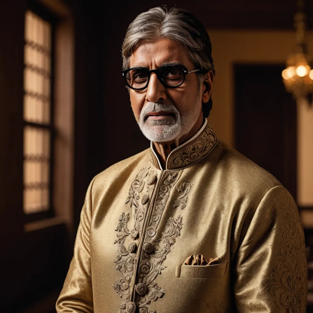 a man in a golden outfit standing in a room with a chandelier on the ceiling and a window behind him, samikshavad, a photorealistic painting, Bikash Bhattacharjee, promotional image
