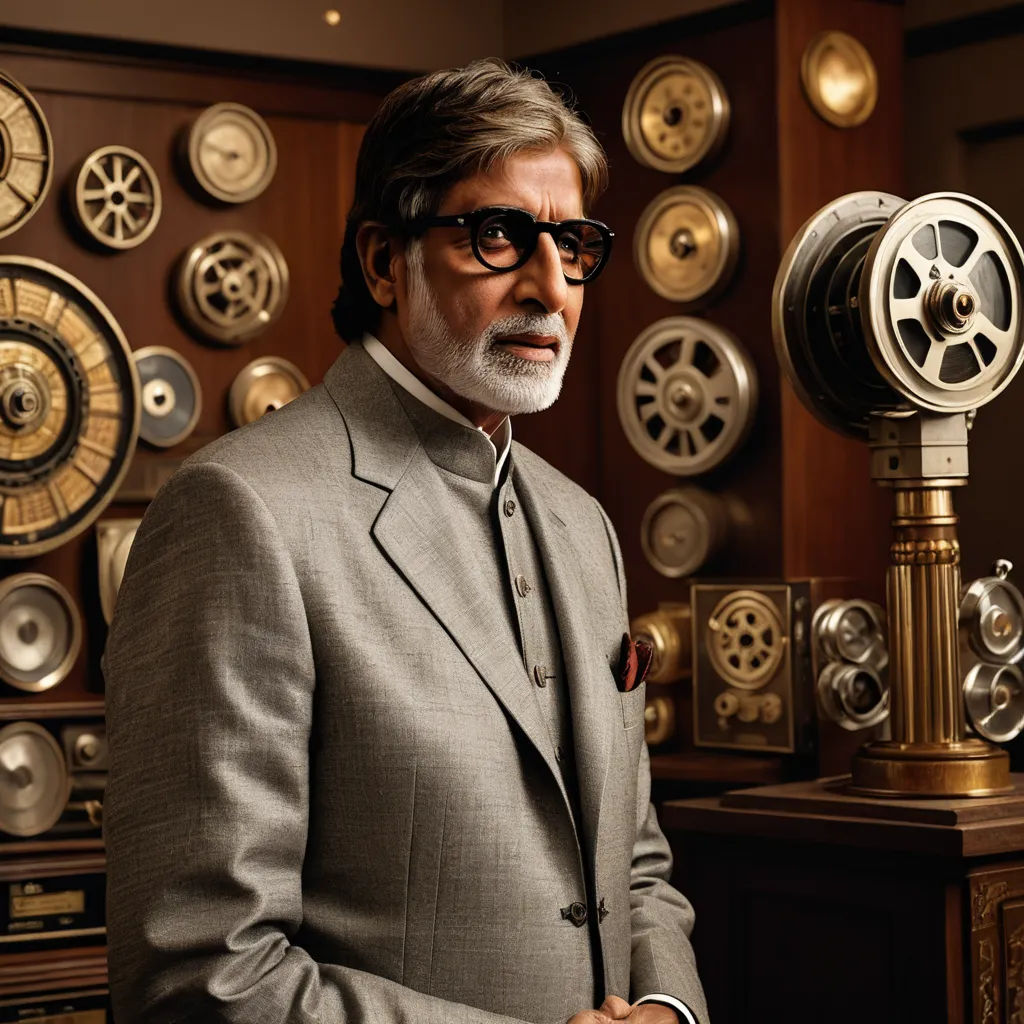 a man in a suit and sunglasses standing in front of a wall of clocks and clocks on display in a museum, samikshavad, a bronze sculpture, Bapu, promotional image