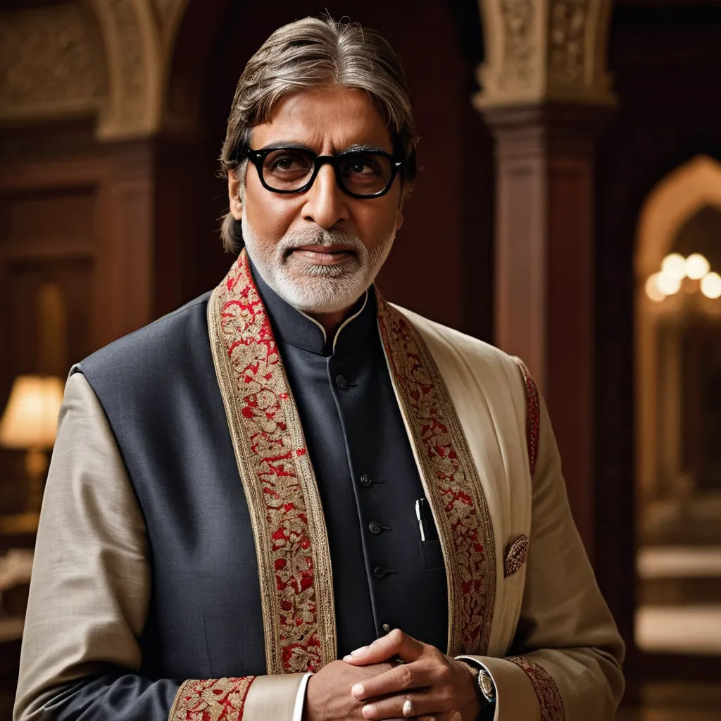 a man in a black and gold outfit and glasses standing in a room with a chandelier and a chandelier, samikshavad, a photorealistic painting, Bapu, promotional image