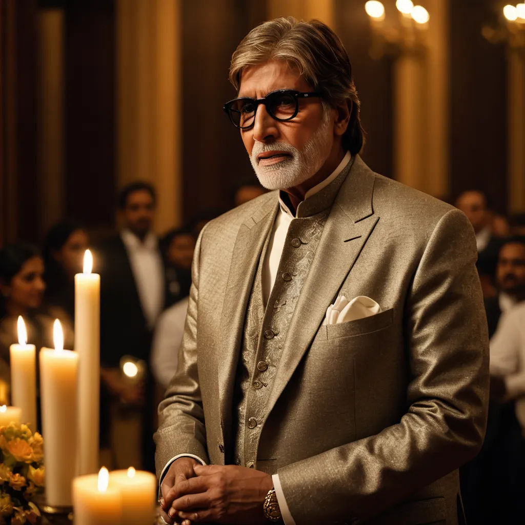 a man in a suit and sunglasses standing in front of a candle lit altar with candles in the background, samikshavad, a bronze sculpture, Bapu, movie still
