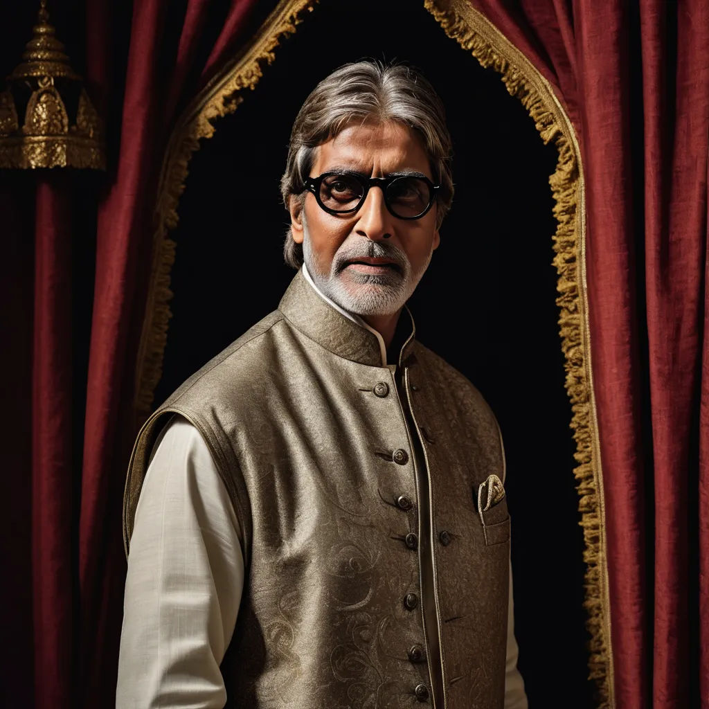 a man in a brown vest and sunglasses standing in front of a red curtain with a gold frame around it, samikshavad, a poster, Bapu, promotional image