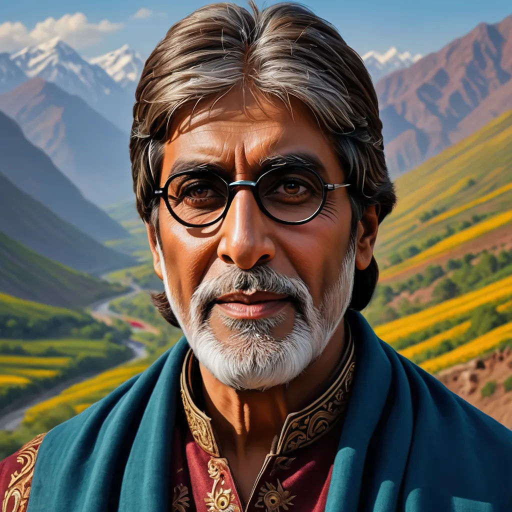 a man with glasses and a beard in a mountainous area with flowers and mountains in the background, with a painting of him, cloisonnism, a photorealistic painting, Bikash Bhattacharjee, extremely detailed oil painting