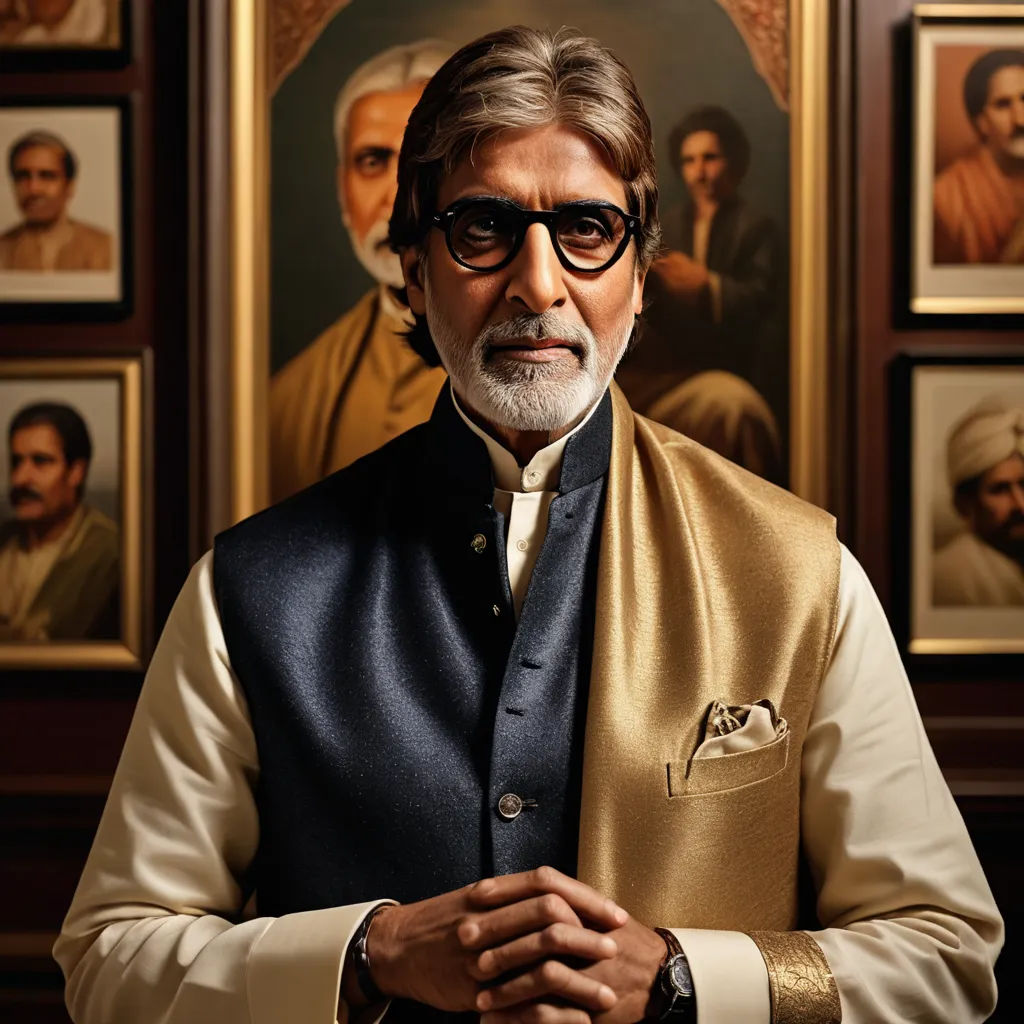 a man in a suit and sunglasses standing in front of a portrait of a man with a beard and mustache, samikshavad, a portrait, Bapu, promotional image