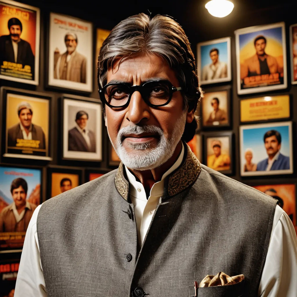 a man in a vest and glasses standing in front of a wall of movies on display in a museum, samikshavad, a poster, Bapu, promotional image