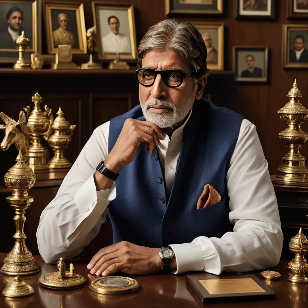 a man sitting at a table with a bunch of gold trophies and a clock on it's side, samikshavad, a bronze sculpture, Bapu, promotional image
