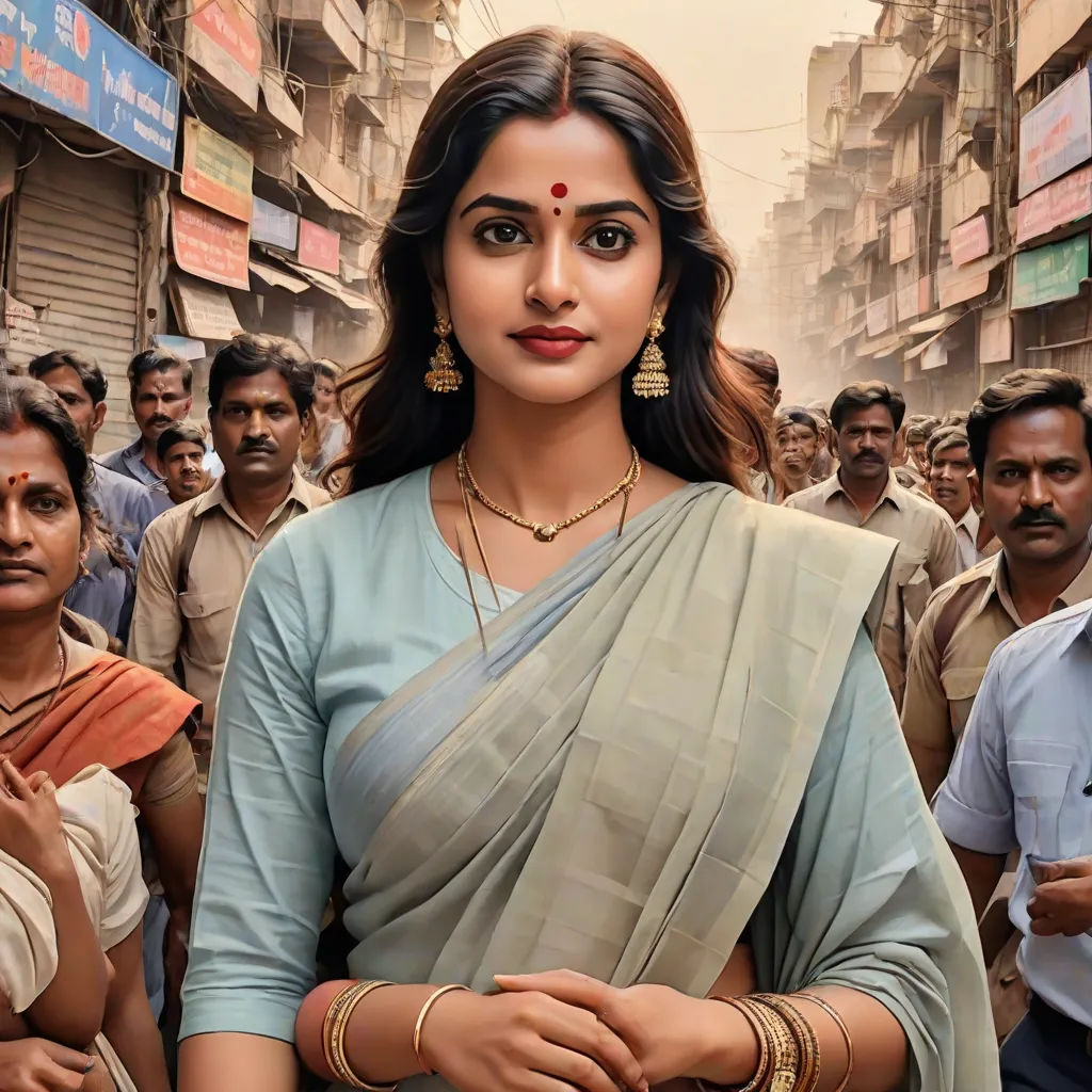 a woman in a sari standing in front of a crowd of people in india, with a man in the background, samikshavad, a poster, Ella Guru, promotional image
