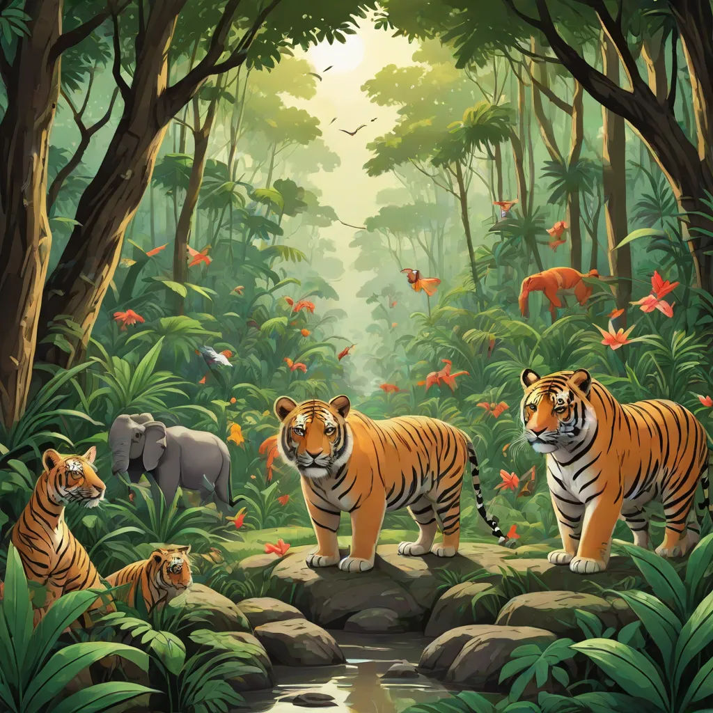 a painting of tigers in a jungle with a stream of water and other animals in the background, with a jungle scene in the foreground, bengal school of art, a storybook illustration, Chris LaBrooy, jungle