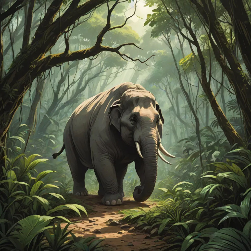 an elephant walking through a lush green forest filled with trees and bushes, with a path leading to it, sumatraism, a detailed matte painting, Chris LaBrooy, magic the gathering artwork