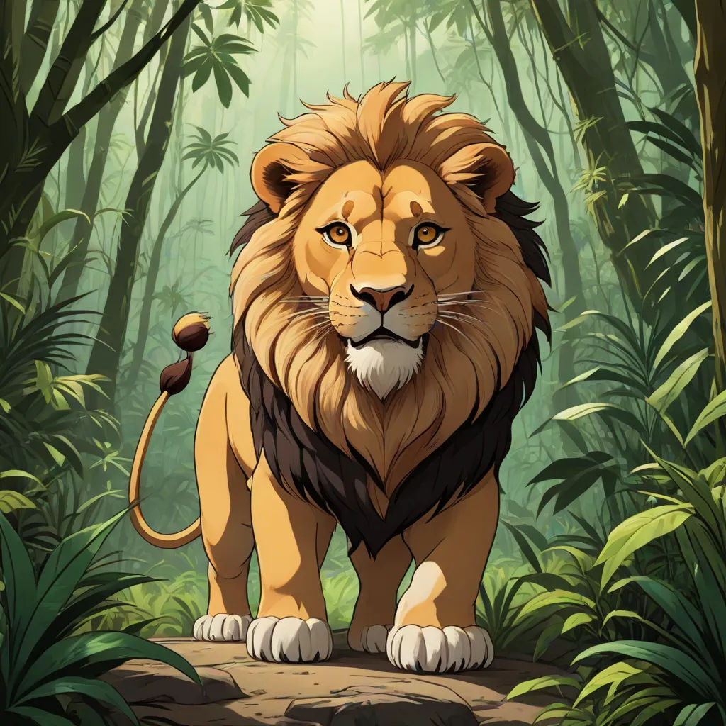 a lion standing in the middle of a jungle with trees and plants around it's edges and a bright light shining on its face, furry art, a poster, Chris LaBrooy, official art
