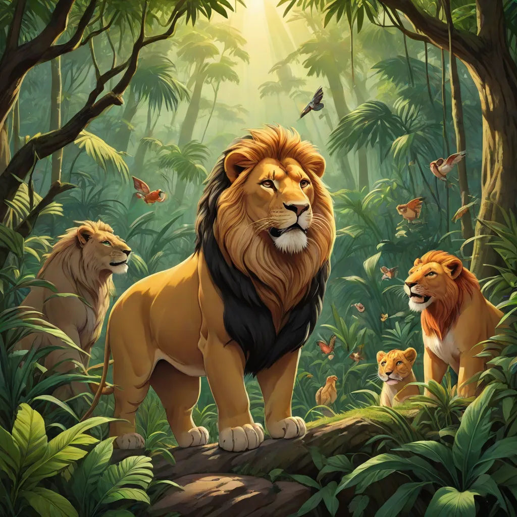 a painting of lions in the jungle with butterflies flying around them and a bird on the tree branch above them, sots art, an album cover, Chris LaBrooy, official art