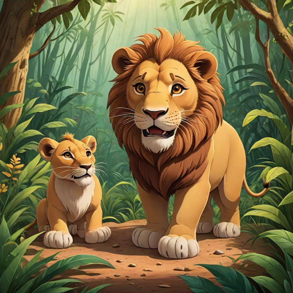 a lion and a cub in a jungle scene with sunlight shining through the trees and leaves on the ground, furry art, a poster, Brothers Hildebrandt, official art