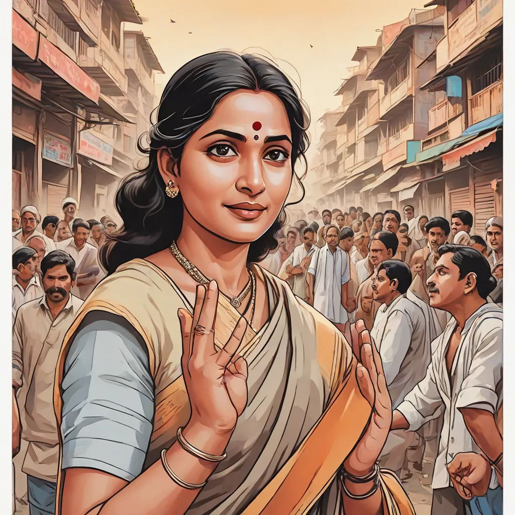 a woman in a sari is standing in front of a crowd of people with her hand up to her chest, samikshavad, a detailed drawing, Ella Guru, official art