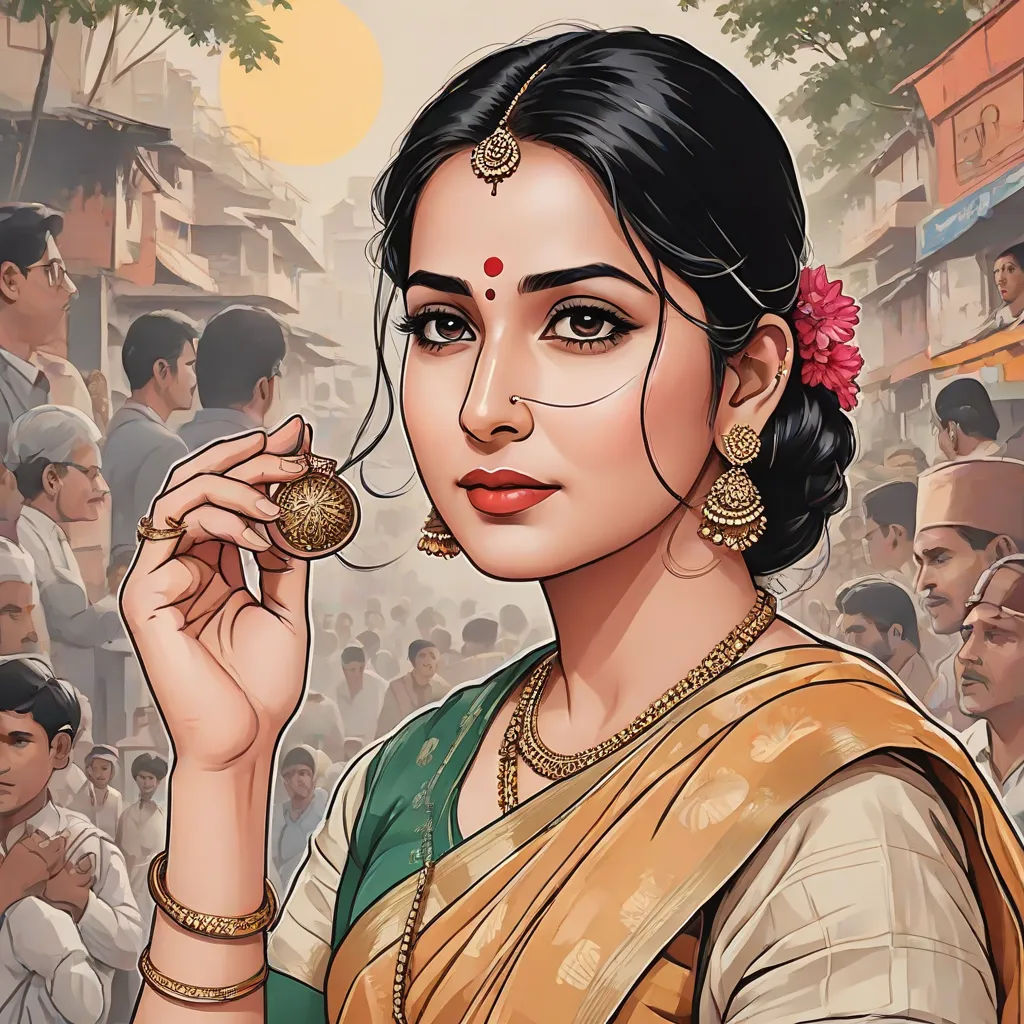 a woman in a sari holding a coin in her hand and looking at the camera with a crowd of people in the background, bengal school of art, a detailed painting, Ella Guru, highly detailed digital painting