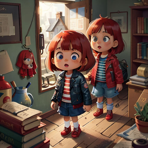 two children standing in a room with books and a window in the background, looking at each other, with a bookcase and a window in the background