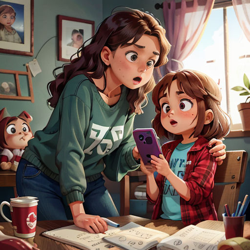 a woman and a child are looking at a phone in a room with a book and a cup of coffee
