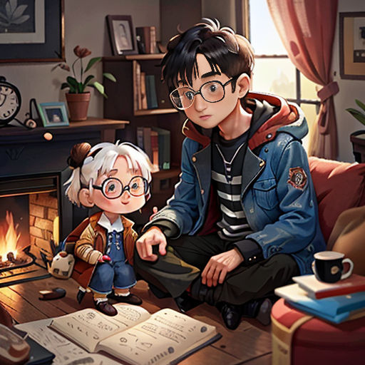 a man and a woman sitting on a couch next to a fire place with books and a book in front of them