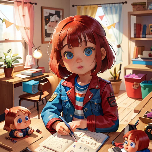 a girl sitting at a desk with a book and a doll next to her and a doll behind her