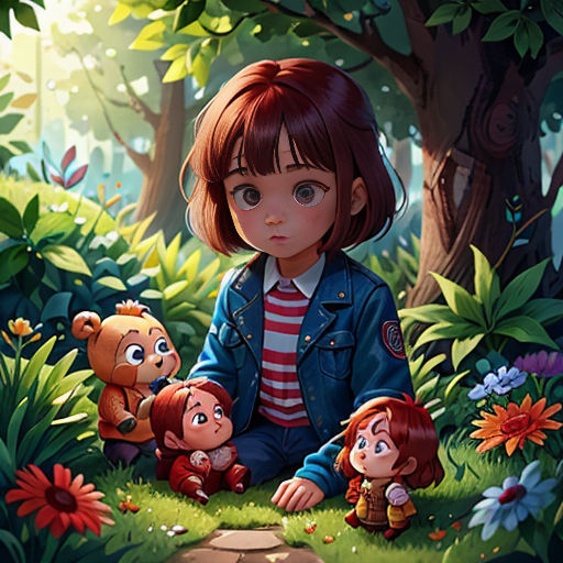 a girl sitting in the grass with two teddy bears and a bear cub in front of her, with a forest background